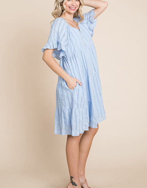 Load image into Gallery viewer, Stripe Textured Tiered Flutter Sleeve Cotton Dress by RolyPoly Apparel
