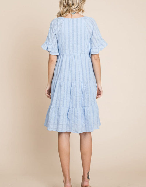 Load image into Gallery viewer, Stripe Textured Tiered Flutter Sleeve Cotton Dress by RolyPoly Apparel
