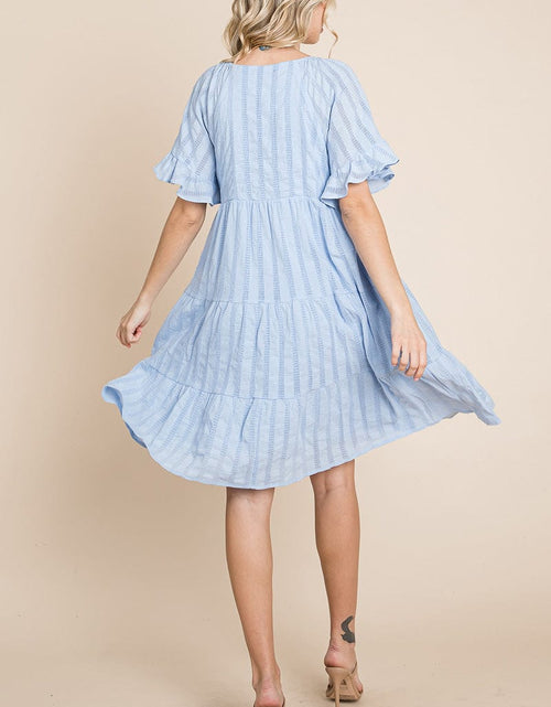 Load image into Gallery viewer, Stripe Textured Tiered Flutter Sleeve Cotton Dress by RolyPoly Apparel
