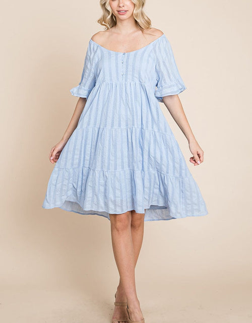 Load image into Gallery viewer, Stripe Textured Tiered Flutter Sleeve Cotton Dress by RolyPoly Apparel
