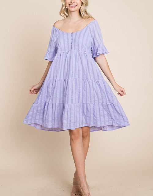 Load image into Gallery viewer, Stripe Textured Tiered Flutter Sleeve Cotton Dress by RolyPoly Apparel
