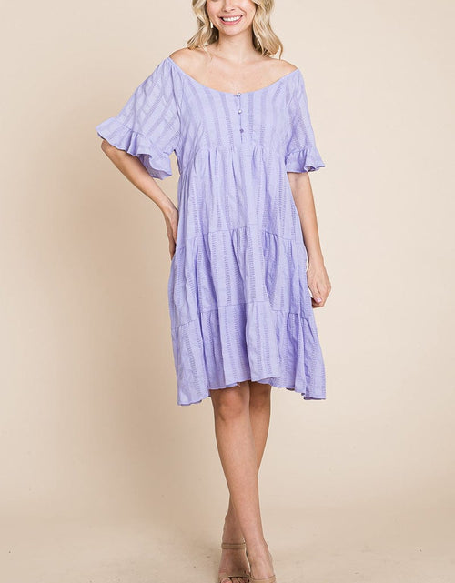 Load image into Gallery viewer, Stripe Textured Tiered Flutter Sleeve Cotton Dress by RolyPoly Apparel
