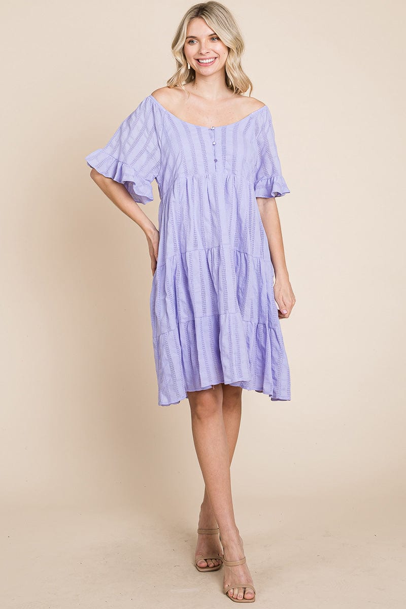 Stripe Textured Tiered Flutter Sleeve Cotton Dress by RolyPoly Apparel