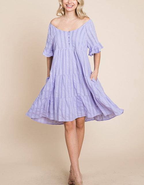 Load image into Gallery viewer, Stripe Textured Tiered Flutter Sleeve Cotton Dress by RolyPoly Apparel
