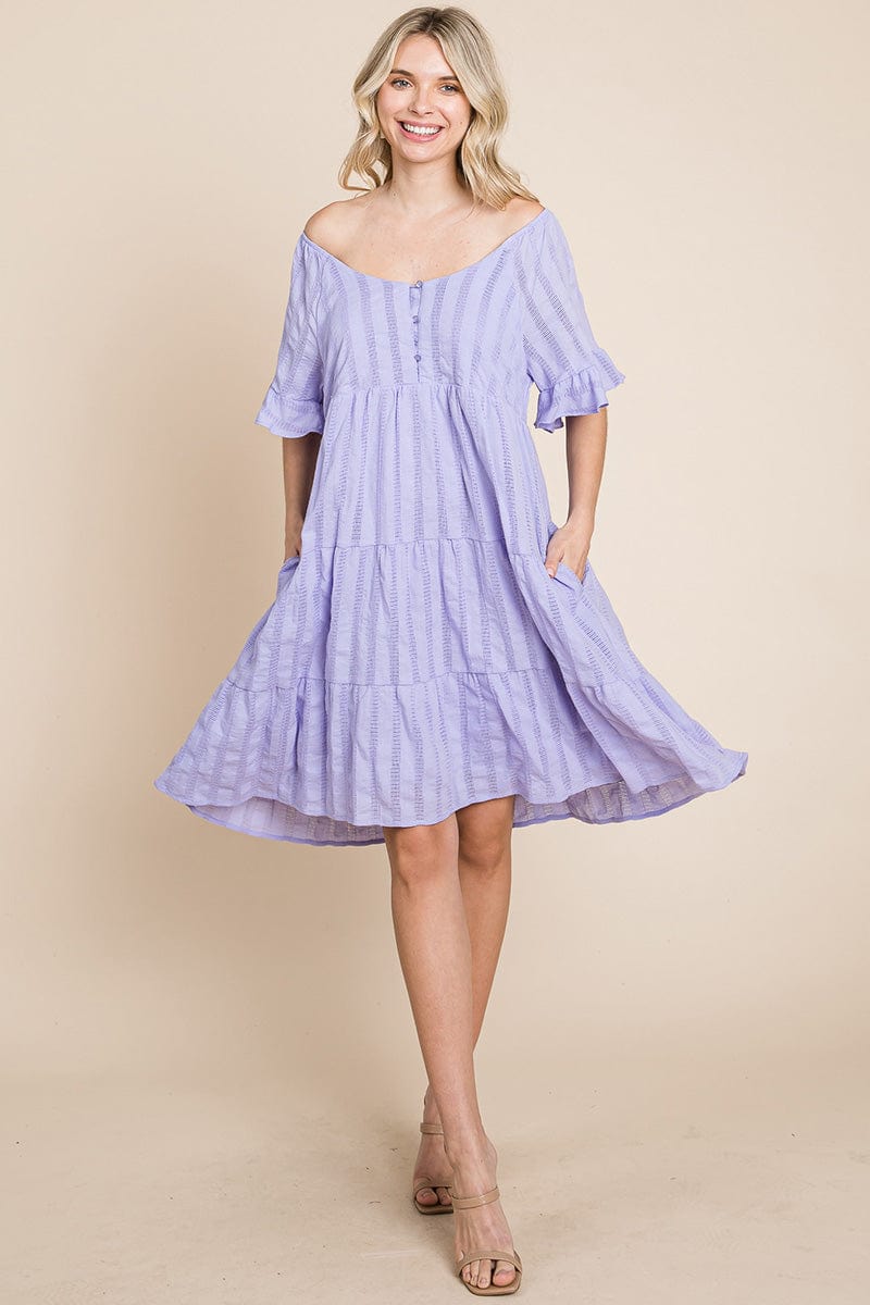 Stripe Textured Tiered Flutter Sleeve Cotton Dress by RolyPoly Apparel