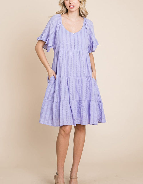 Load image into Gallery viewer, Stripe Textured Tiered Flutter Sleeve Cotton Dress by RolyPoly Apparel
