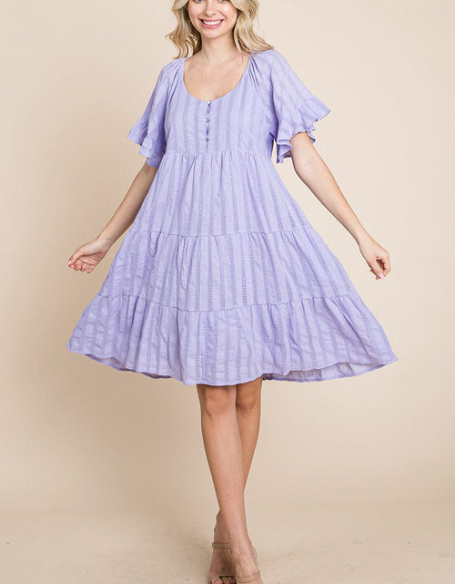 Load image into Gallery viewer, Stripe Textured Tiered Flutter Sleeve Cotton Dress by RolyPoly Apparel
