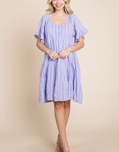 Load image into Gallery viewer, Stripe Textured Tiered Flutter Sleeve Cotton Dress by RolyPoly Apparel
