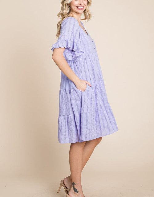 Load image into Gallery viewer, Stripe Textured Tiered Flutter Sleeve Cotton Dress by RolyPoly Apparel
