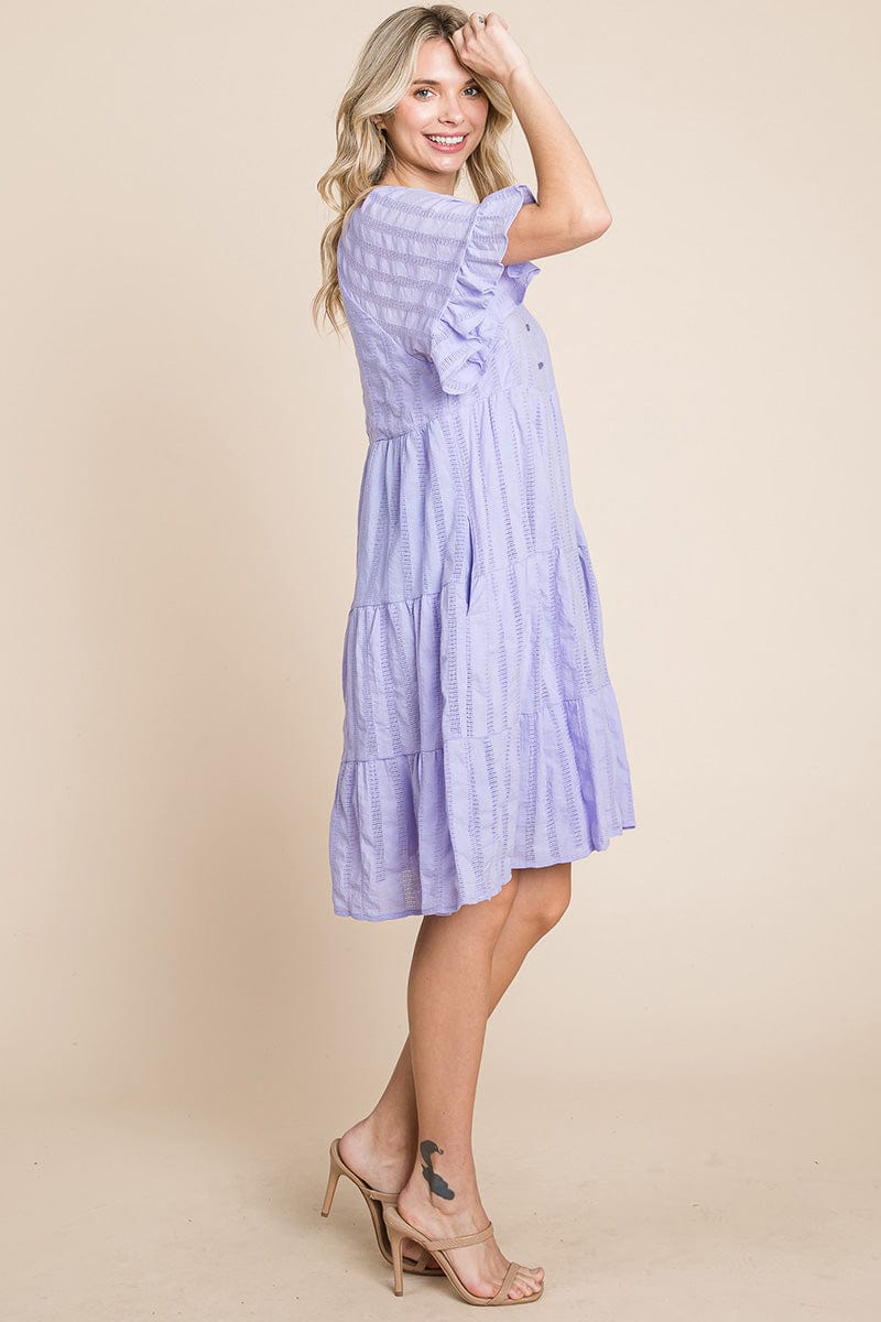 Stripe Textured Tiered Flutter Sleeve Cotton Dress by RolyPoly Apparel