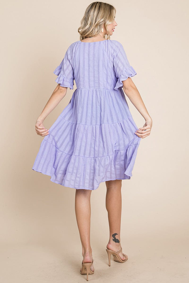 Stripe Textured Tiered Flutter Sleeve Cotton Dress by RolyPoly Apparel
