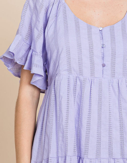 Load image into Gallery viewer, Stripe Textured Tiered Flutter Sleeve Cotton Dress by RolyPoly Apparel
