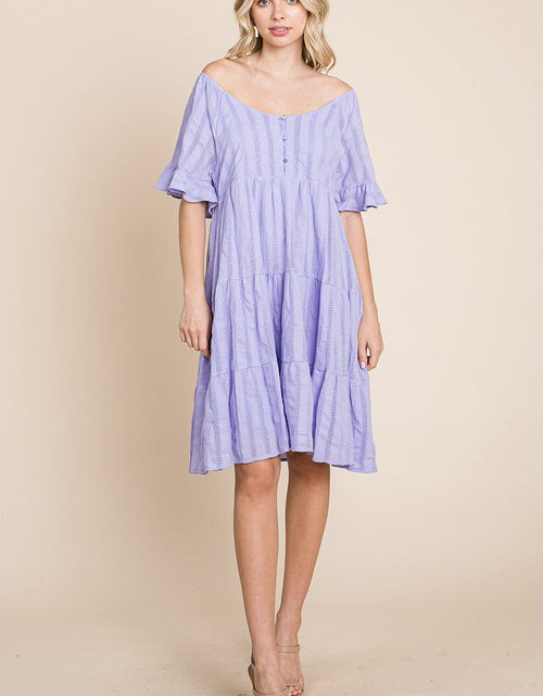 Load image into Gallery viewer, Stripe Textured Tiered Flutter Sleeve Cotton Dress by RolyPoly Apparel
