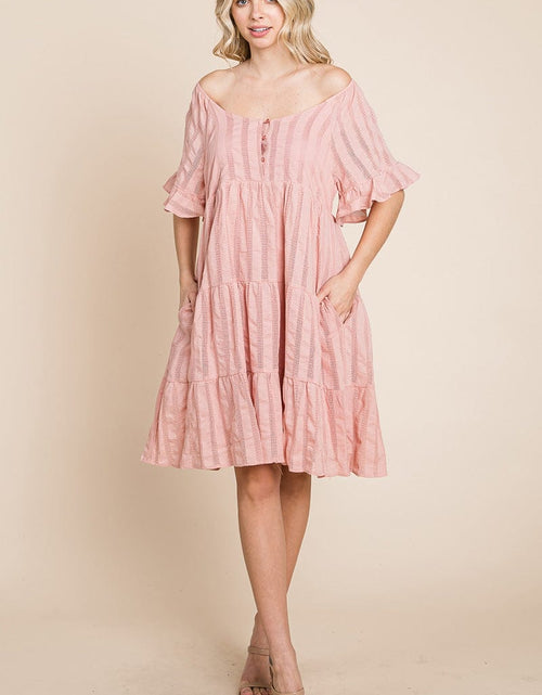Load image into Gallery viewer, Stripe Textured Tiered Flutter Sleeve Cotton Dress by RolyPoly Apparel

