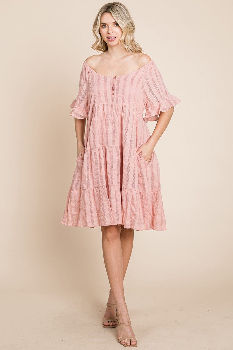 Stripe Textured Tiered Flutter Sleeve Cotton Dress by RolyPoly Apparel
