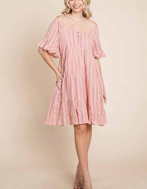Load image into Gallery viewer, Stripe Textured Tiered Flutter Sleeve Cotton Dress by RolyPoly Apparel
