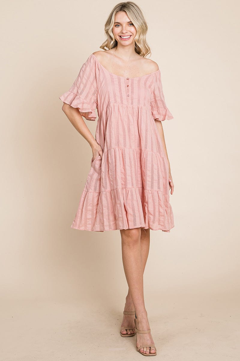 Stripe Textured Tiered Flutter Sleeve Cotton Dress by RolyPoly Apparel