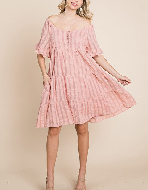 Load image into Gallery viewer, Stripe Textured Tiered Flutter Sleeve Cotton Dress by RolyPoly Apparel
