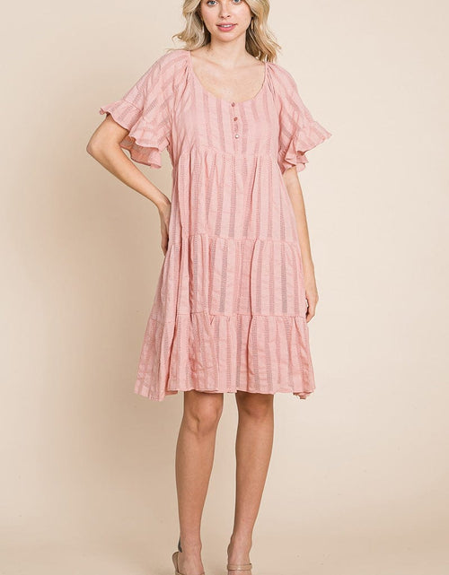 Load image into Gallery viewer, Stripe Textured Tiered Flutter Sleeve Cotton Dress by RolyPoly Apparel
