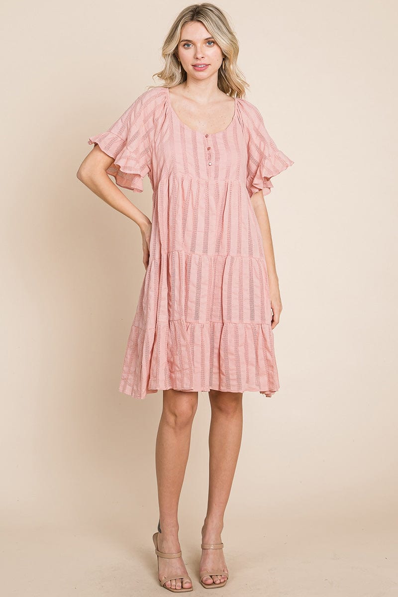 Stripe Textured Tiered Flutter Sleeve Cotton Dress by RolyPoly Apparel