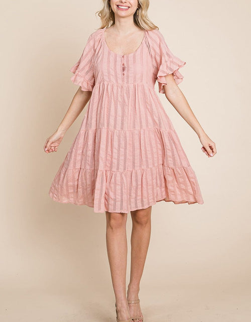Load image into Gallery viewer, Stripe Textured Tiered Flutter Sleeve Cotton Dress by RolyPoly Apparel
