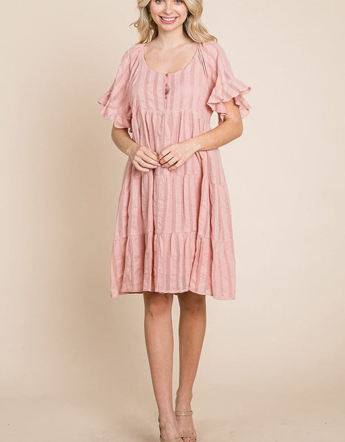 Load image into Gallery viewer, Stripe Textured Tiered Flutter Sleeve Cotton Dress by RolyPoly Apparel
