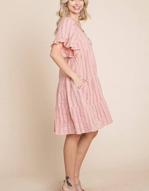Load image into Gallery viewer, Stripe Textured Tiered Flutter Sleeve Cotton Dress by RolyPoly Apparel
