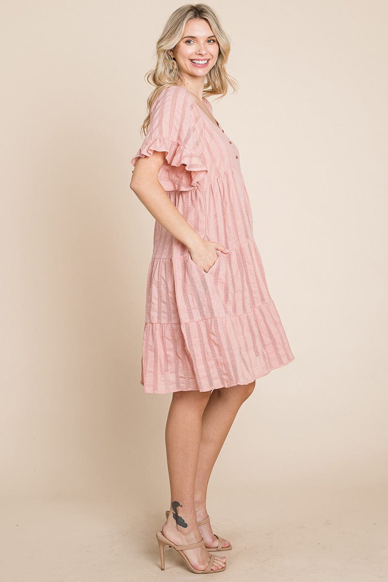 Stripe Textured Tiered Flutter Sleeve Cotton Dress by RolyPoly Apparel