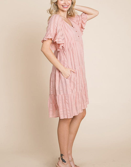 Load image into Gallery viewer, Stripe Textured Tiered Flutter Sleeve Cotton Dress by RolyPoly Apparel
