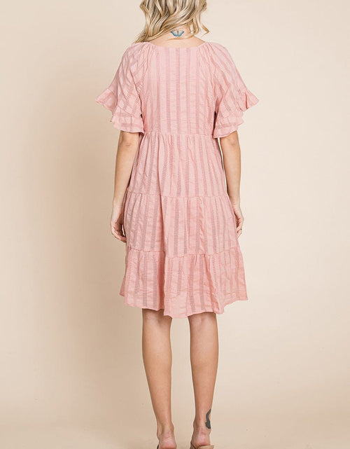 Load image into Gallery viewer, Stripe Textured Tiered Flutter Sleeve Cotton Dress by RolyPoly Apparel
