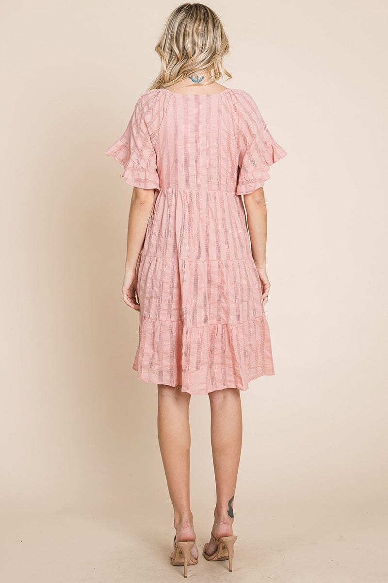 Stripe Textured Tiered Flutter Sleeve Cotton Dress by RolyPoly Apparel