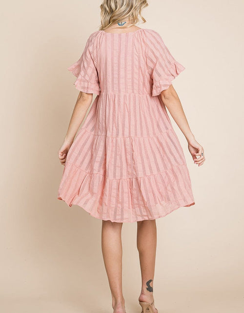 Load image into Gallery viewer, Stripe Textured Tiered Flutter Sleeve Cotton Dress by RolyPoly Apparel
