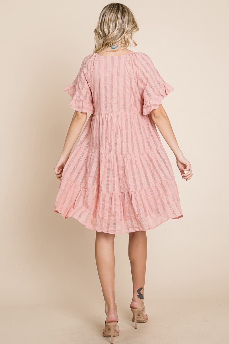 Stripe Textured Tiered Flutter Sleeve Cotton Dress by RolyPoly Apparel