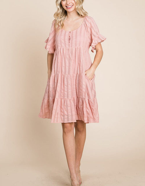Load image into Gallery viewer, Stripe Textured Tiered Flutter Sleeve Cotton Dress by RolyPoly Apparel
