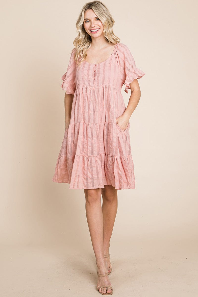 Stripe Textured Tiered Flutter Sleeve Cotton Dress by RolyPoly Apparel