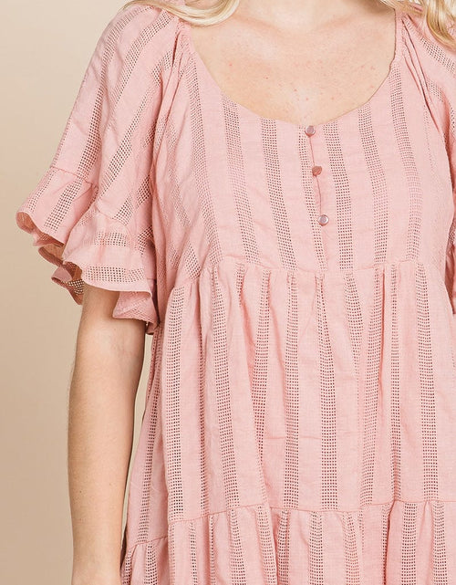 Load image into Gallery viewer, Stripe Textured Tiered Flutter Sleeve Cotton Dress by RolyPoly Apparel
