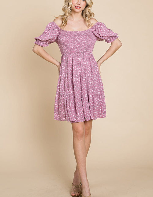 Load image into Gallery viewer, Smocked Floral Puff Short Sleeve Tiered Dress by RolyPoly Apparel

