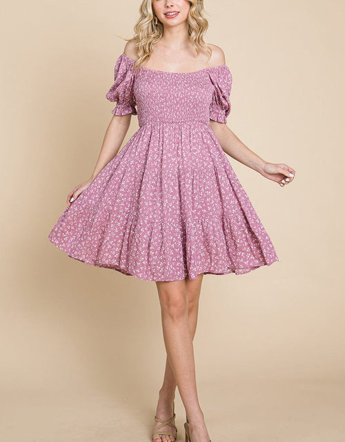 Load image into Gallery viewer, Smocked Floral Puff Short Sleeve Tiered Dress by RolyPoly Apparel
