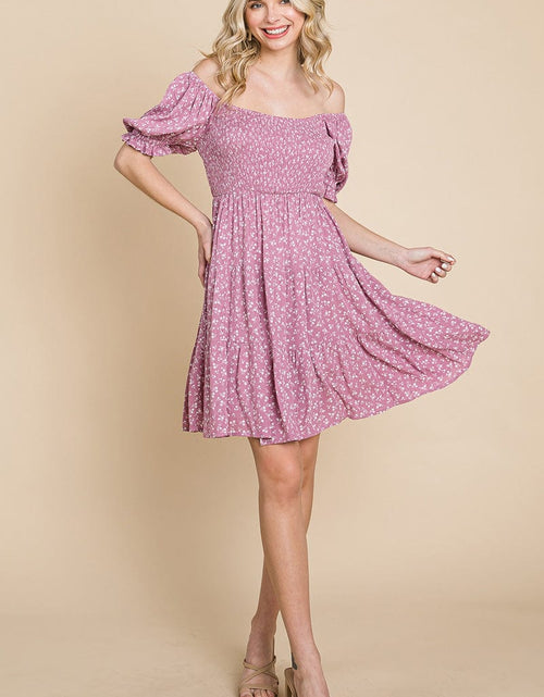 Load image into Gallery viewer, Smocked Floral Puff Short Sleeve Tiered Dress by RolyPoly Apparel
