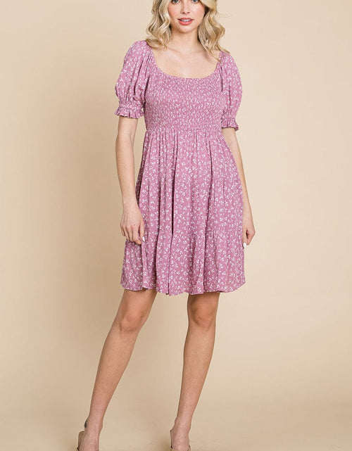 Load image into Gallery viewer, Smocked Floral Puff Short Sleeve Tiered Dress by RolyPoly Apparel
