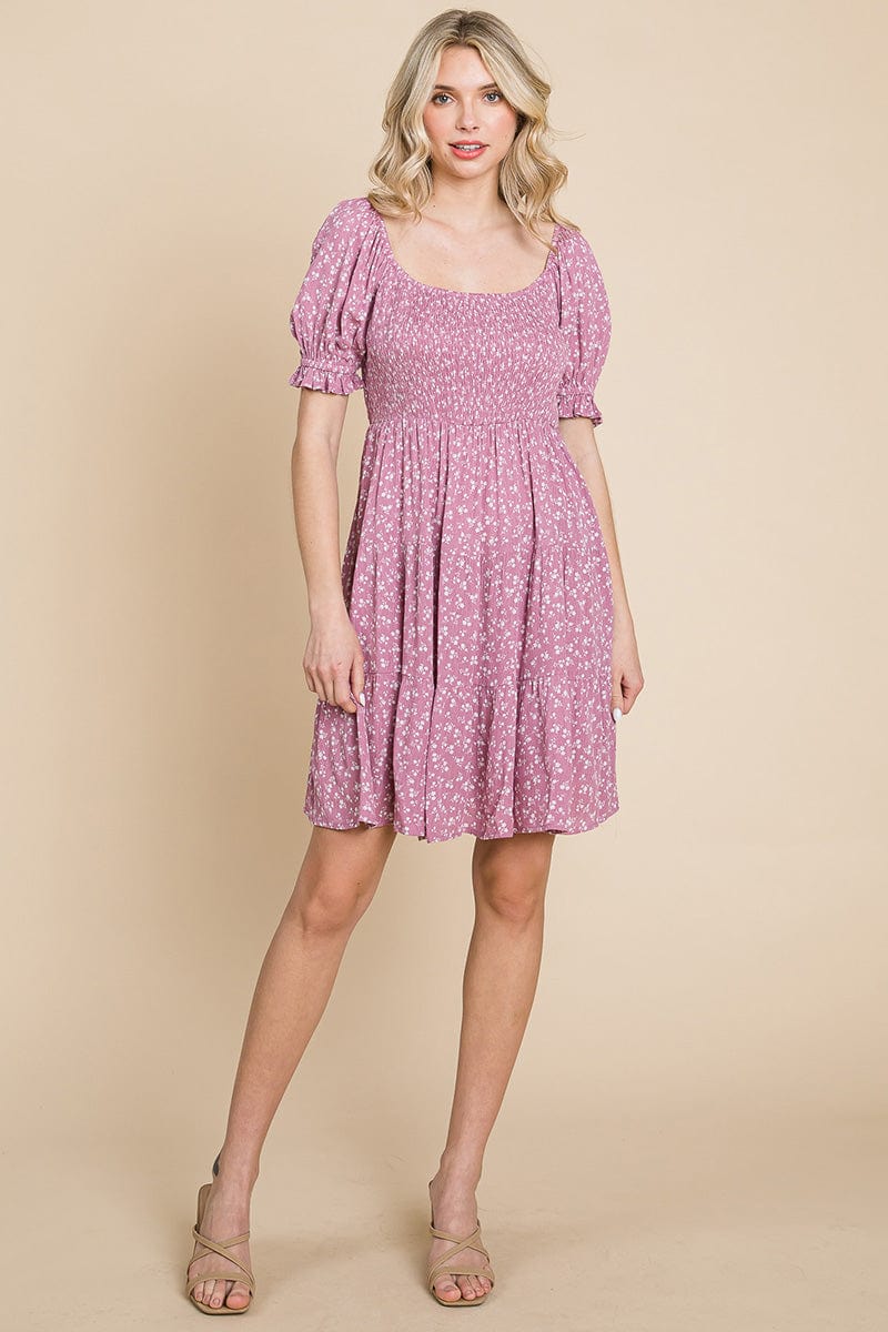Smocked Floral Puff Short Sleeve Tiered Dress by RolyPoly Apparel