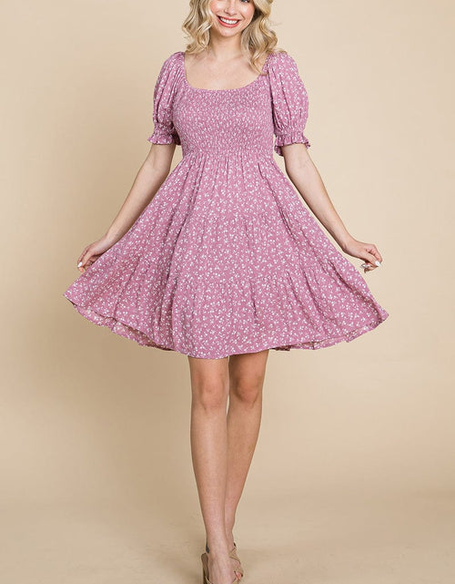 Load image into Gallery viewer, Smocked Floral Puff Short Sleeve Tiered Dress by RolyPoly Apparel
