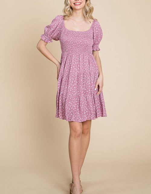 Load image into Gallery viewer, Smocked Floral Puff Short Sleeve Tiered Dress by RolyPoly Apparel
