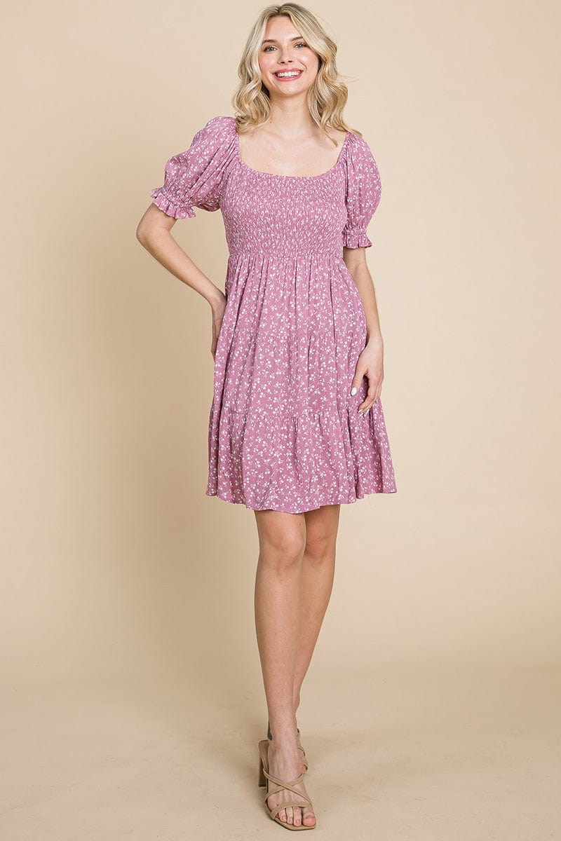 Smocked Floral Puff Short Sleeve Tiered Dress by RolyPoly Apparel