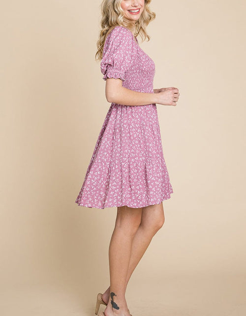 Load image into Gallery viewer, Smocked Floral Puff Short Sleeve Tiered Dress by RolyPoly Apparel
