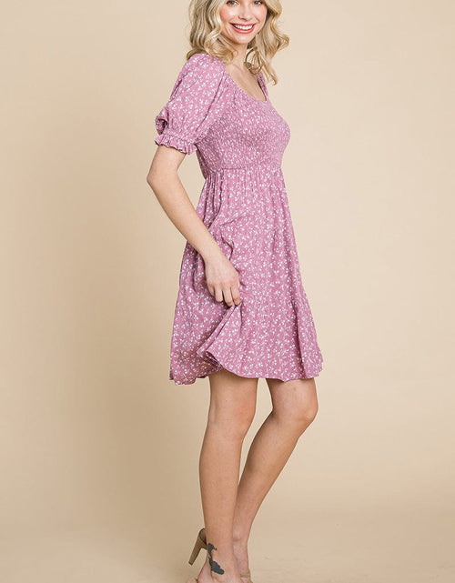 Load image into Gallery viewer, Smocked Floral Puff Short Sleeve Tiered Dress by RolyPoly Apparel
