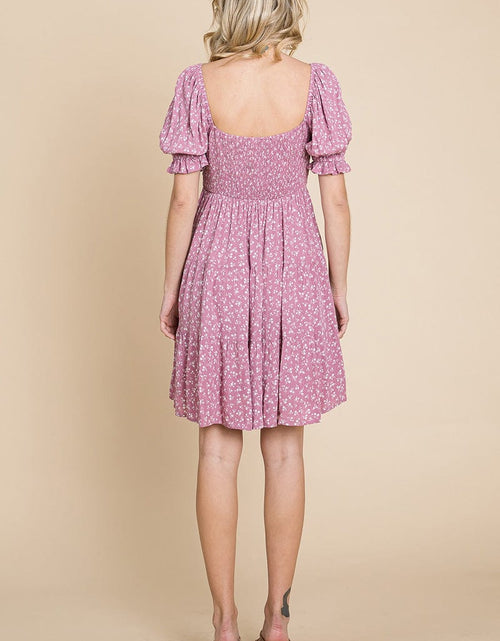 Load image into Gallery viewer, Smocked Floral Puff Short Sleeve Tiered Dress by RolyPoly Apparel
