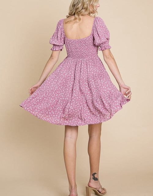 Load image into Gallery viewer, Smocked Floral Puff Short Sleeve Tiered Dress by RolyPoly Apparel
