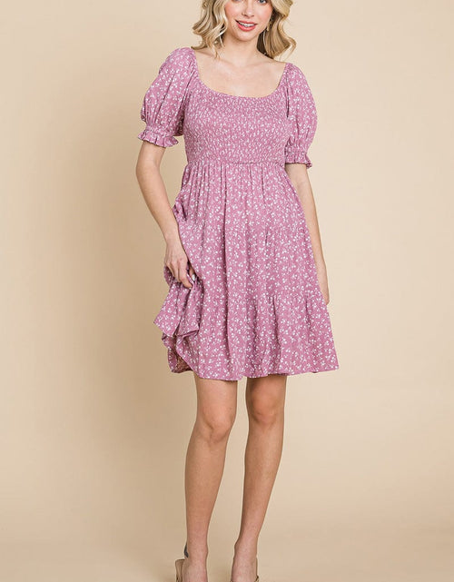 Load image into Gallery viewer, Smocked Floral Puff Short Sleeve Tiered Dress by RolyPoly Apparel
