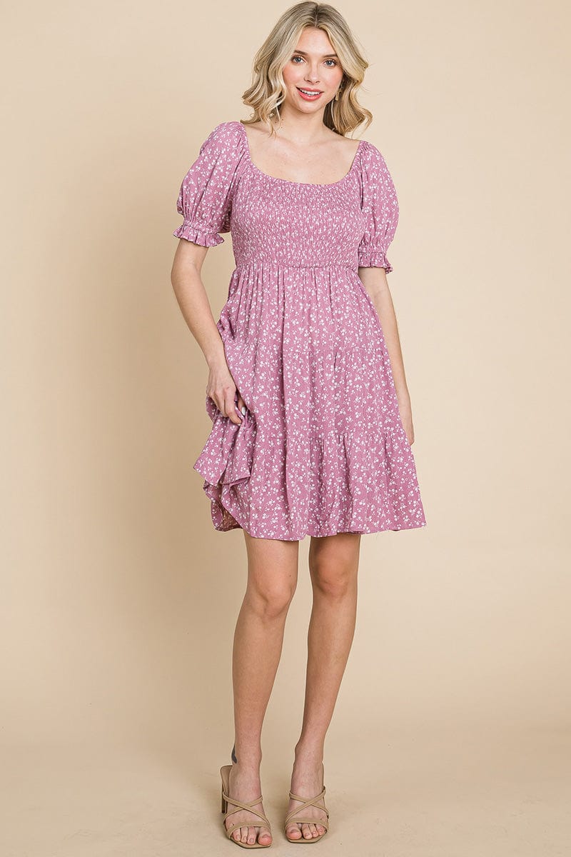 Smocked Floral Puff Short Sleeve Tiered Dress by RolyPoly Apparel